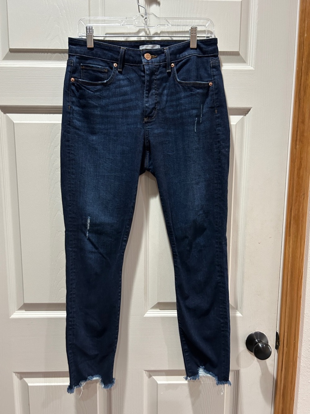 LOFT Curvy Dark Indigo Skinny Jeans with Frayed Hem
